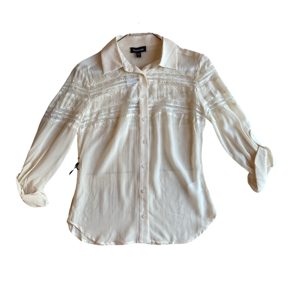 NWT Bebe cream lace and silk button up blouse